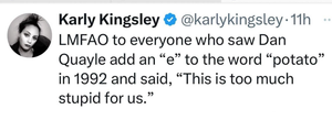 LMFAO to everyone who saw Dan Quayle add an “e” to the word “potato” in 1992 and said, “This is too much stupid for us.”