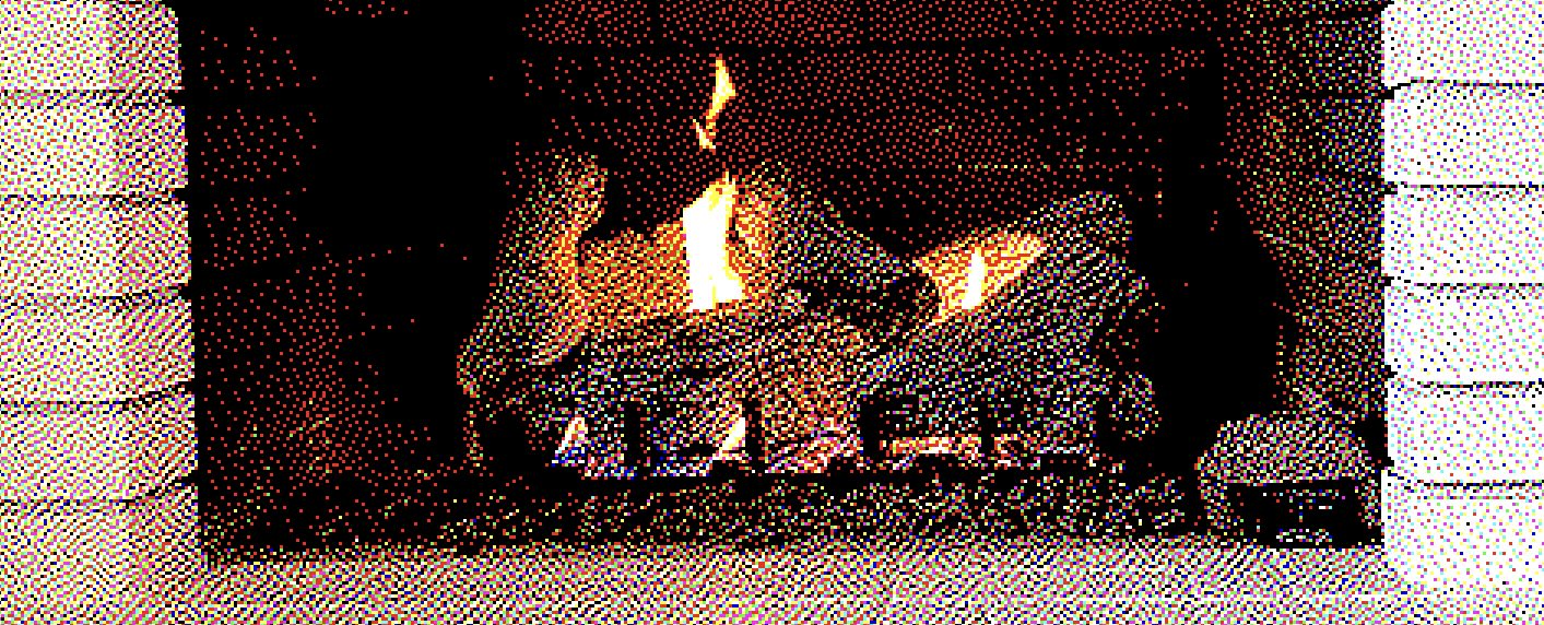 A 3-bit (8-color) photo of my fireplace, taken using the Bitcam app.